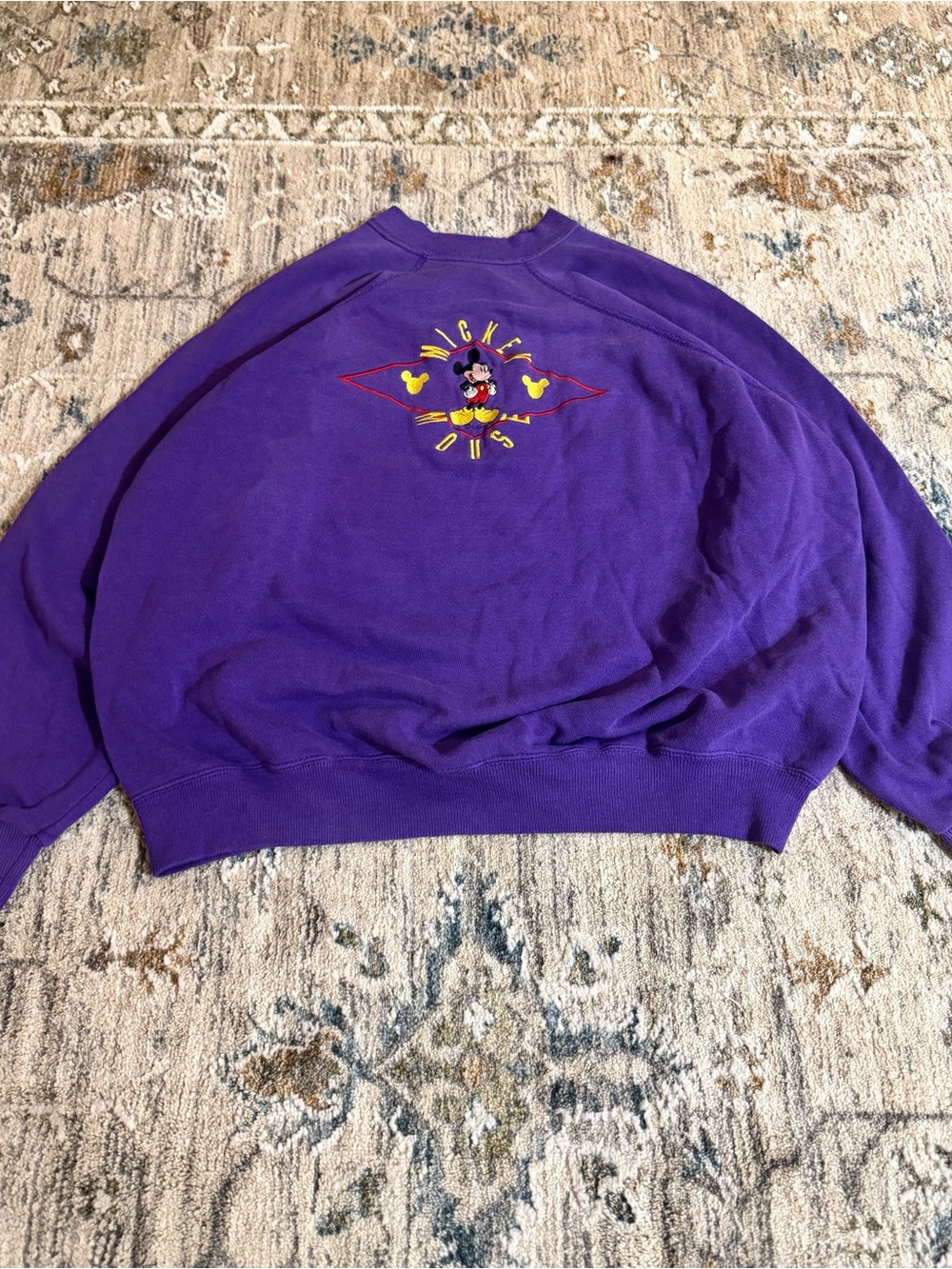 Vintage 80's Mickey Mouse Embroidered Purple Sweatshirt Size S - Picture 2 of 5